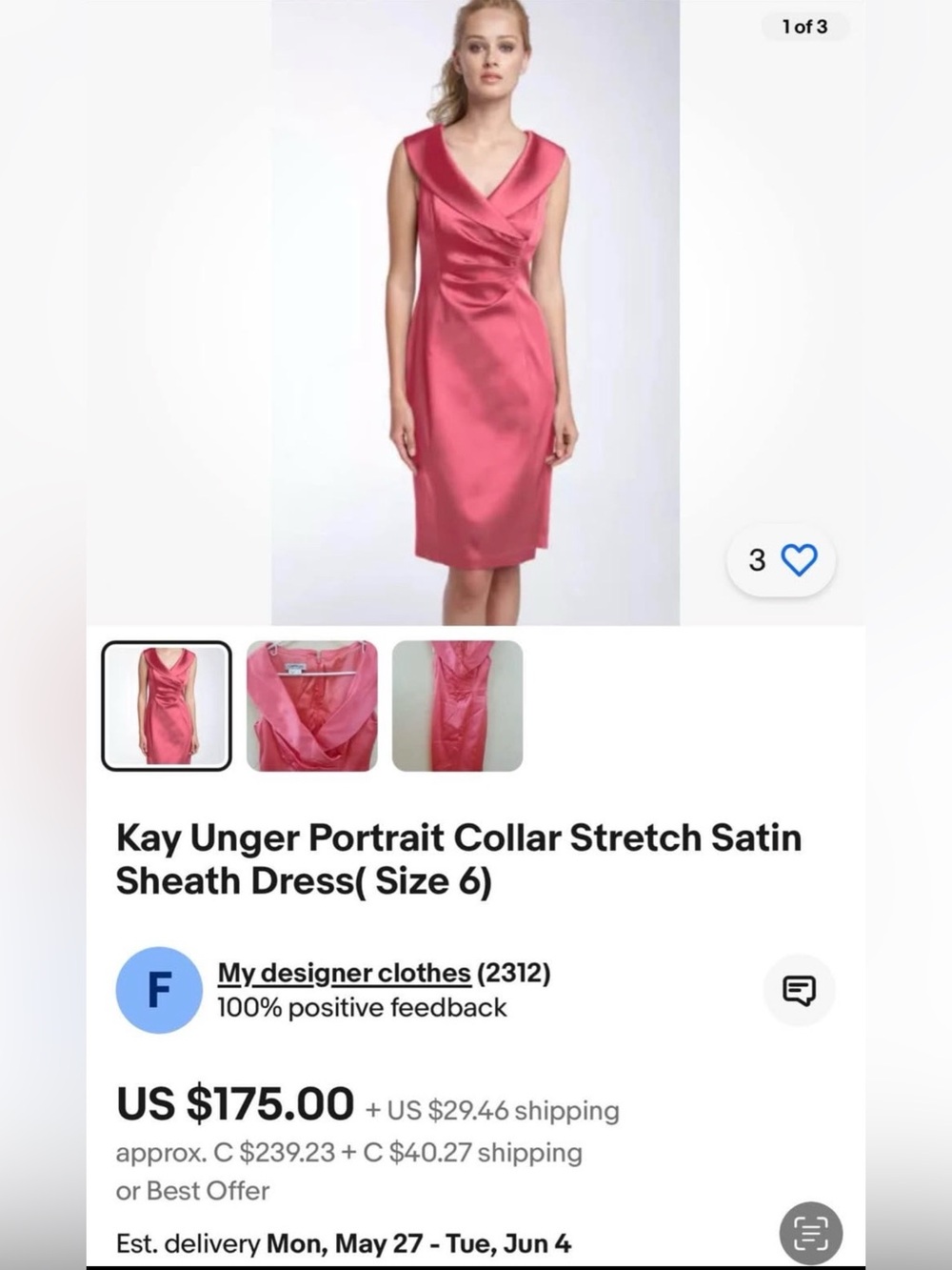 Kay Unger Coral Pink Satin Portrait-Collar Sheath Dress